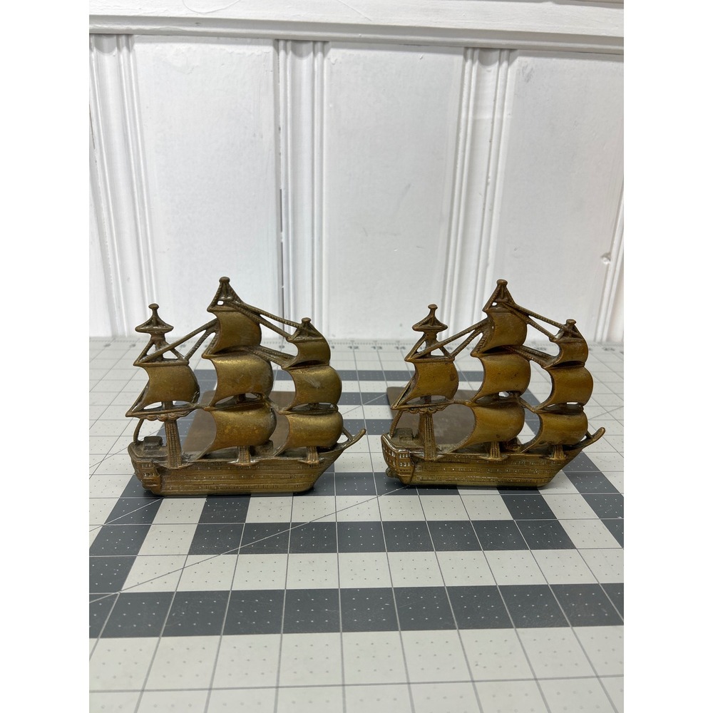 Vintage Brass Bookends Sailing Ship Nautical Clipper Maritime Decorative Ocean